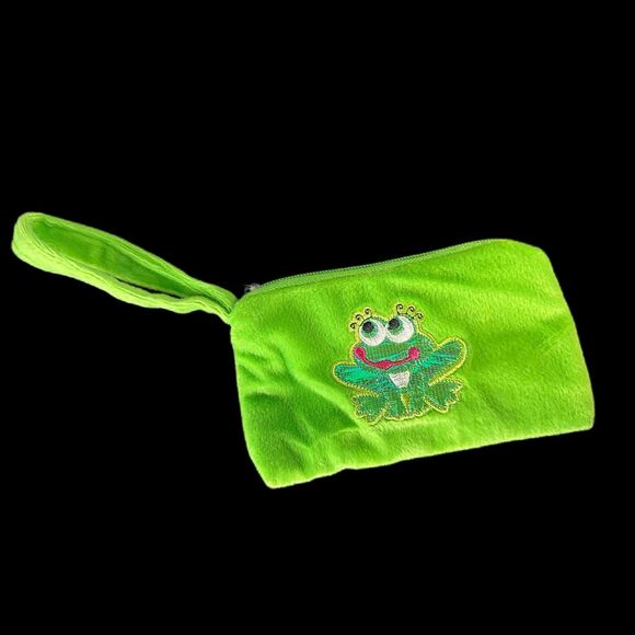 Vintage Y2k Green Frog Wristlet Embroidered Velour Mini Change Coin Bag Purse - Picture 1 of 5
